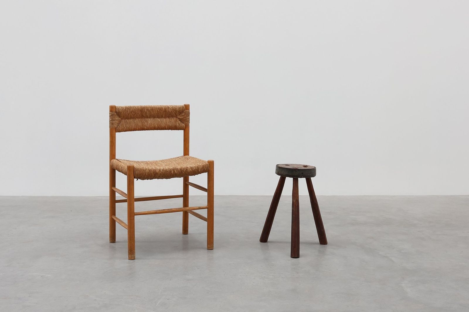 Brutalist French Oak Tripod Stool With Metal Rim, 1850s photo buy