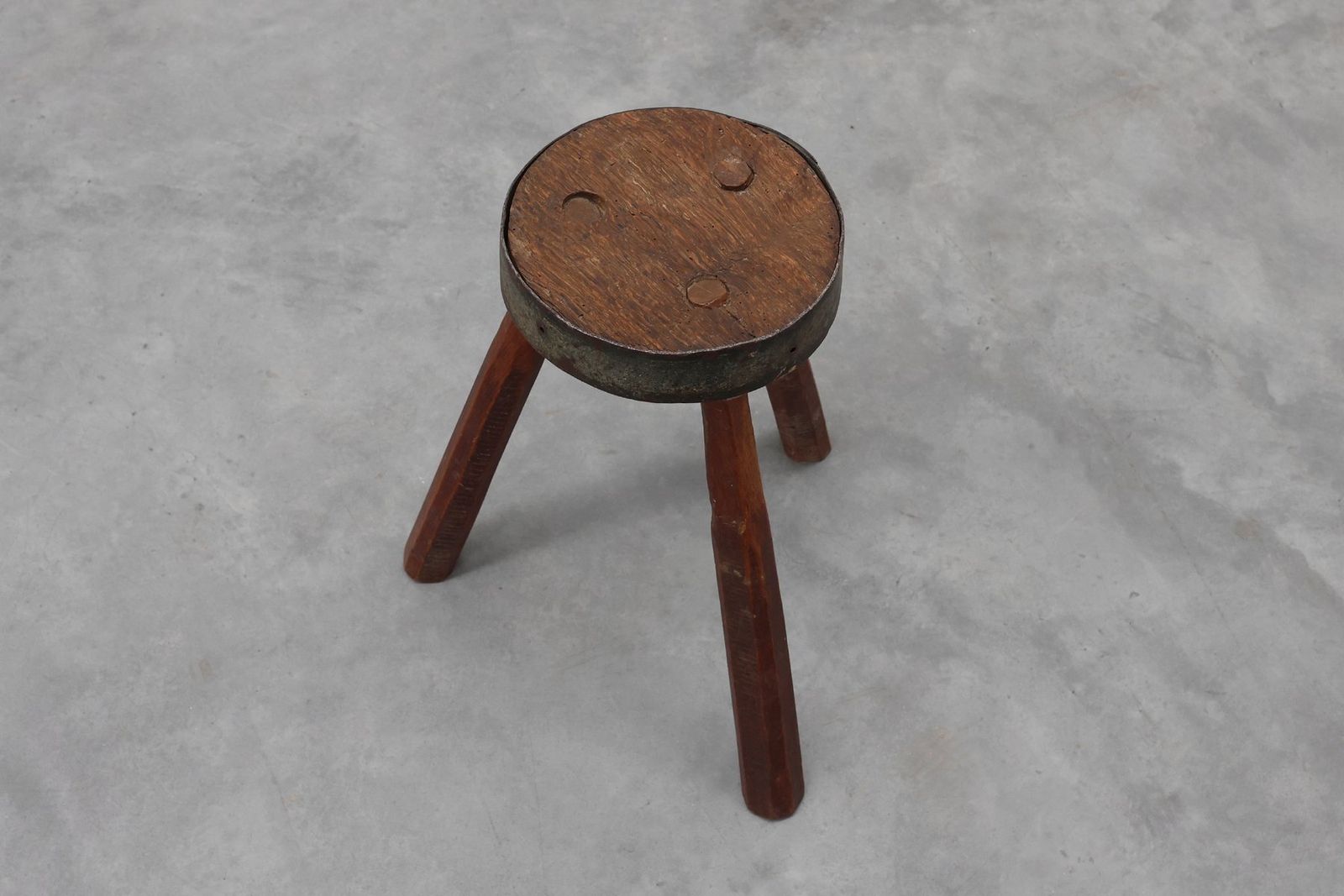 photo furniture Brutalist French Oak Tripod Stool With Metal Rim, 1850s