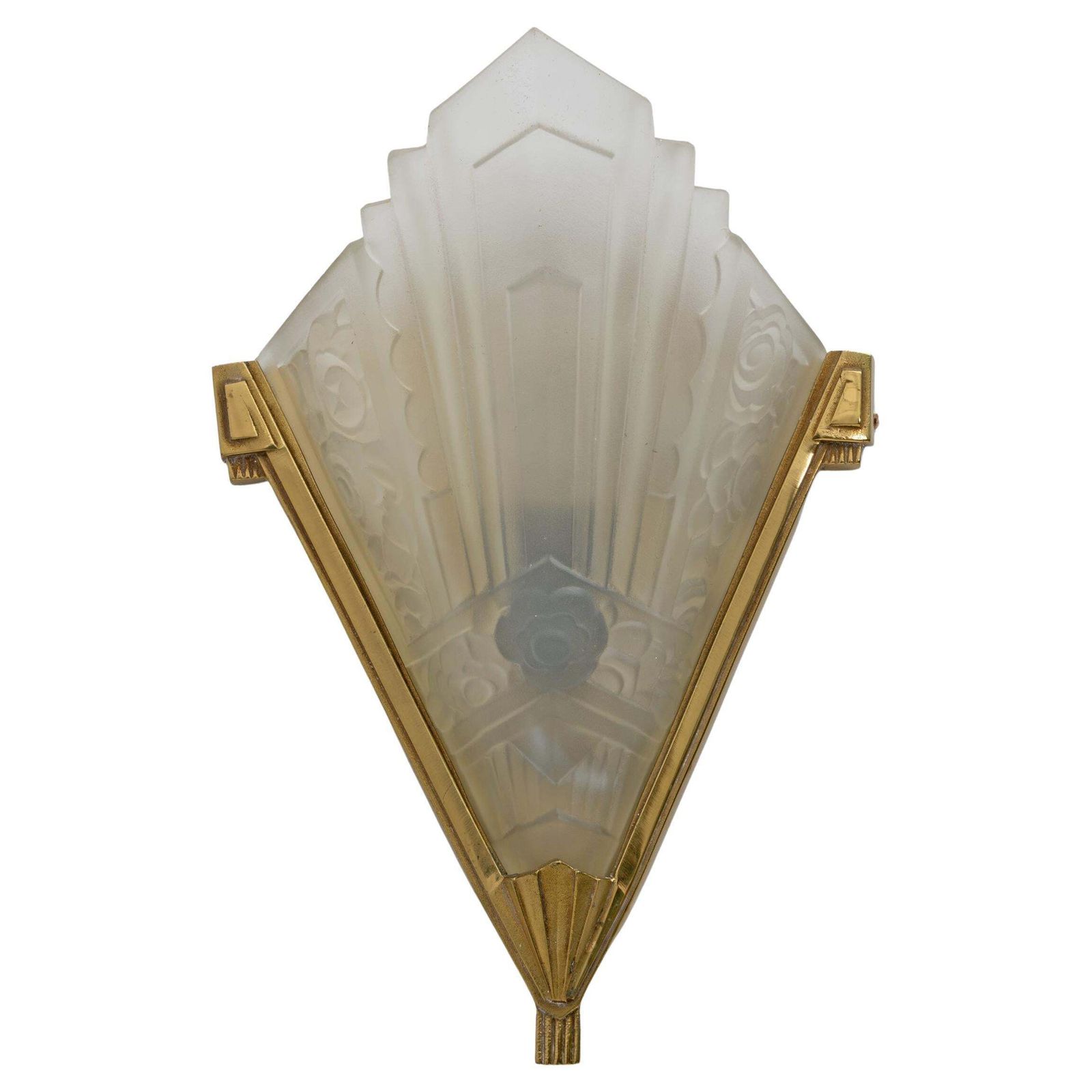 Pair Of Art Deco Pressed Glass And Brass Sconces, France, 1930s photo furniture