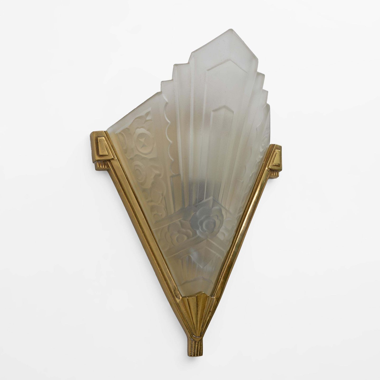 Pair Of Art Deco Pressed Glass And Brass Sconces, France, 1930s photo vinterior