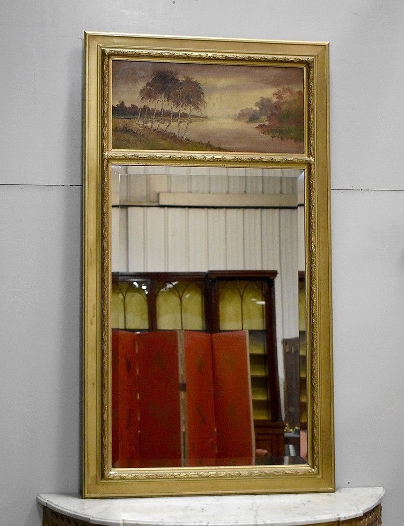 Trumeau Mirror With Oil On Wood, 20th Century