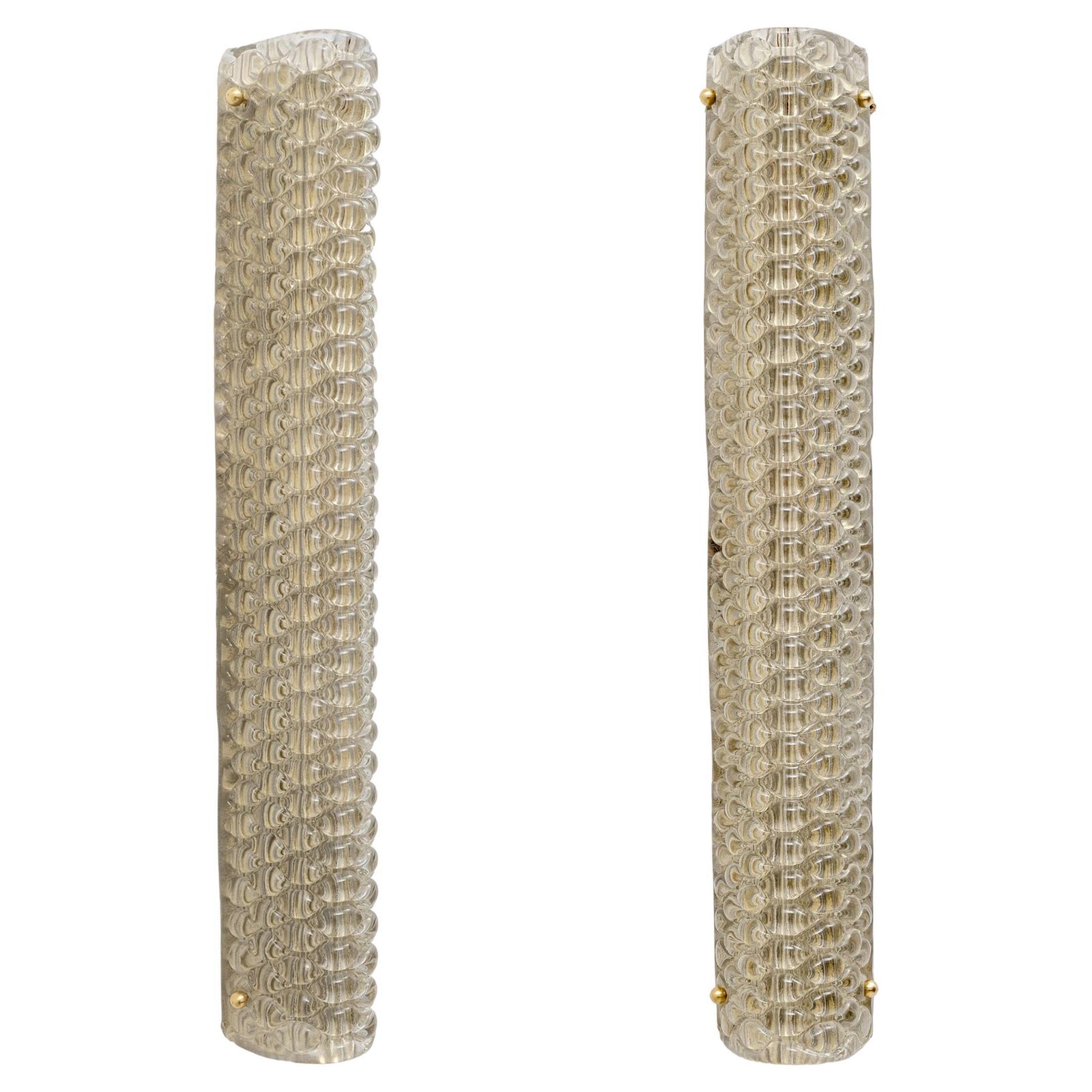 Pair Of Modern Italian Brass And Murano Glass Textured Light Beige Wall Sconces