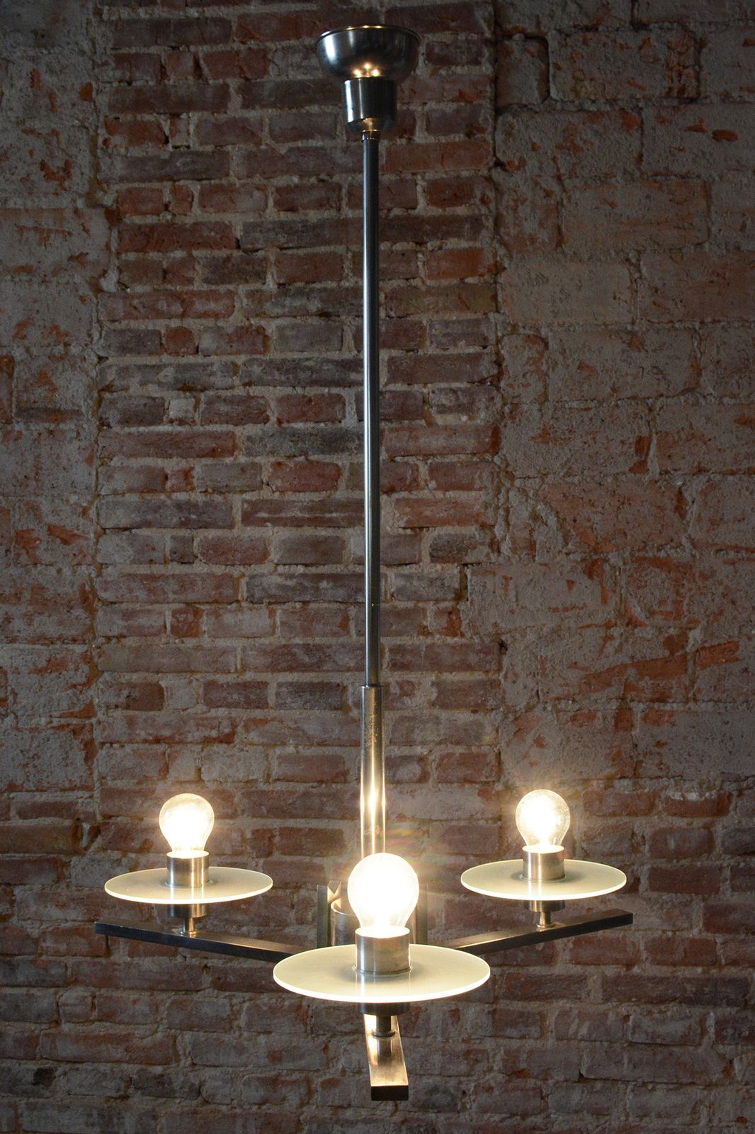 Restored Bauhaus Chandelier, Nickel Plated Steel, Opaline Glass, Czech, 1930s photo vinterior