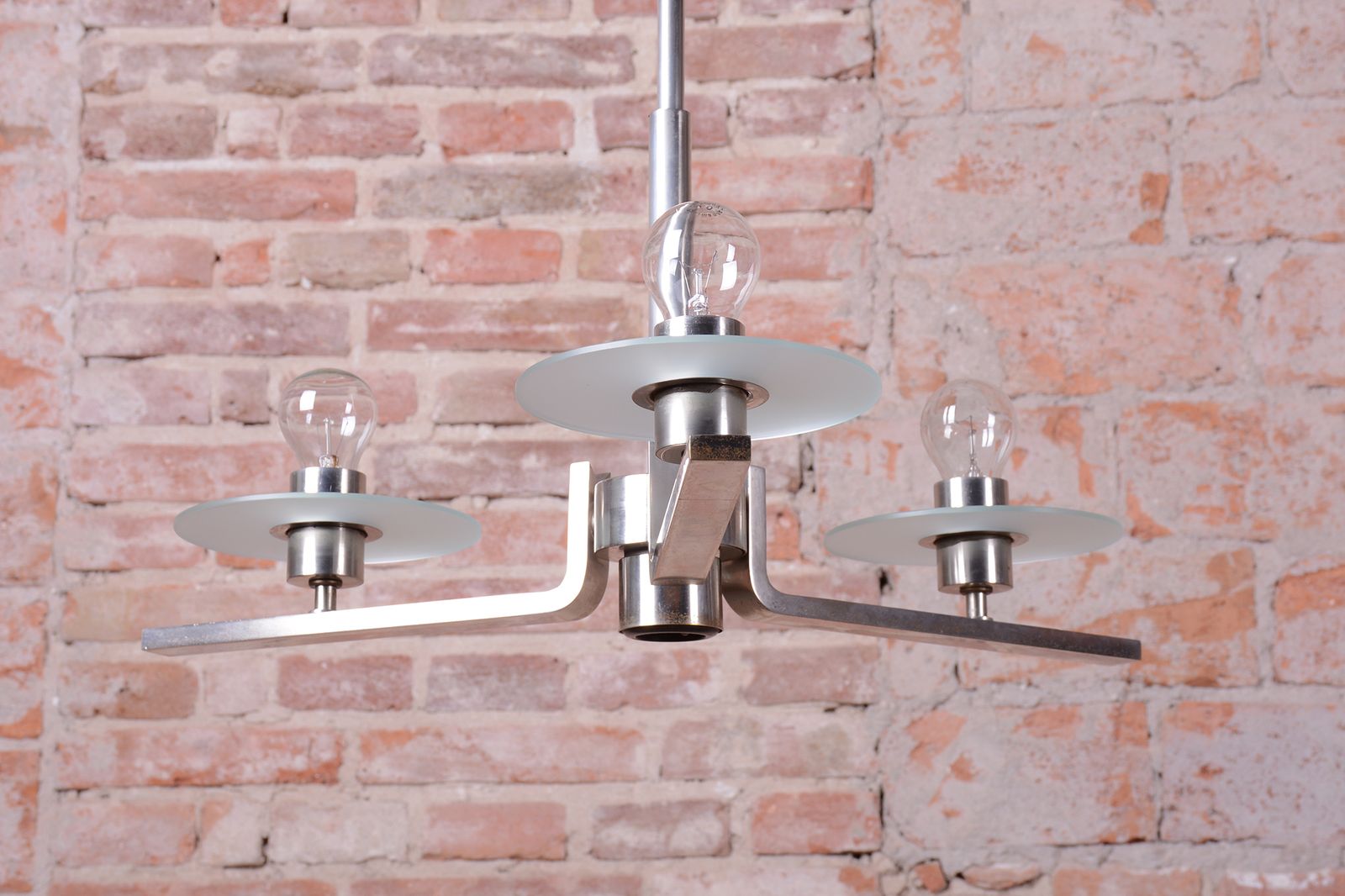 Restored Bauhaus Chandelier, Nickel Plated Steel, Opaline Glass, Czech, 1930s photo vintage