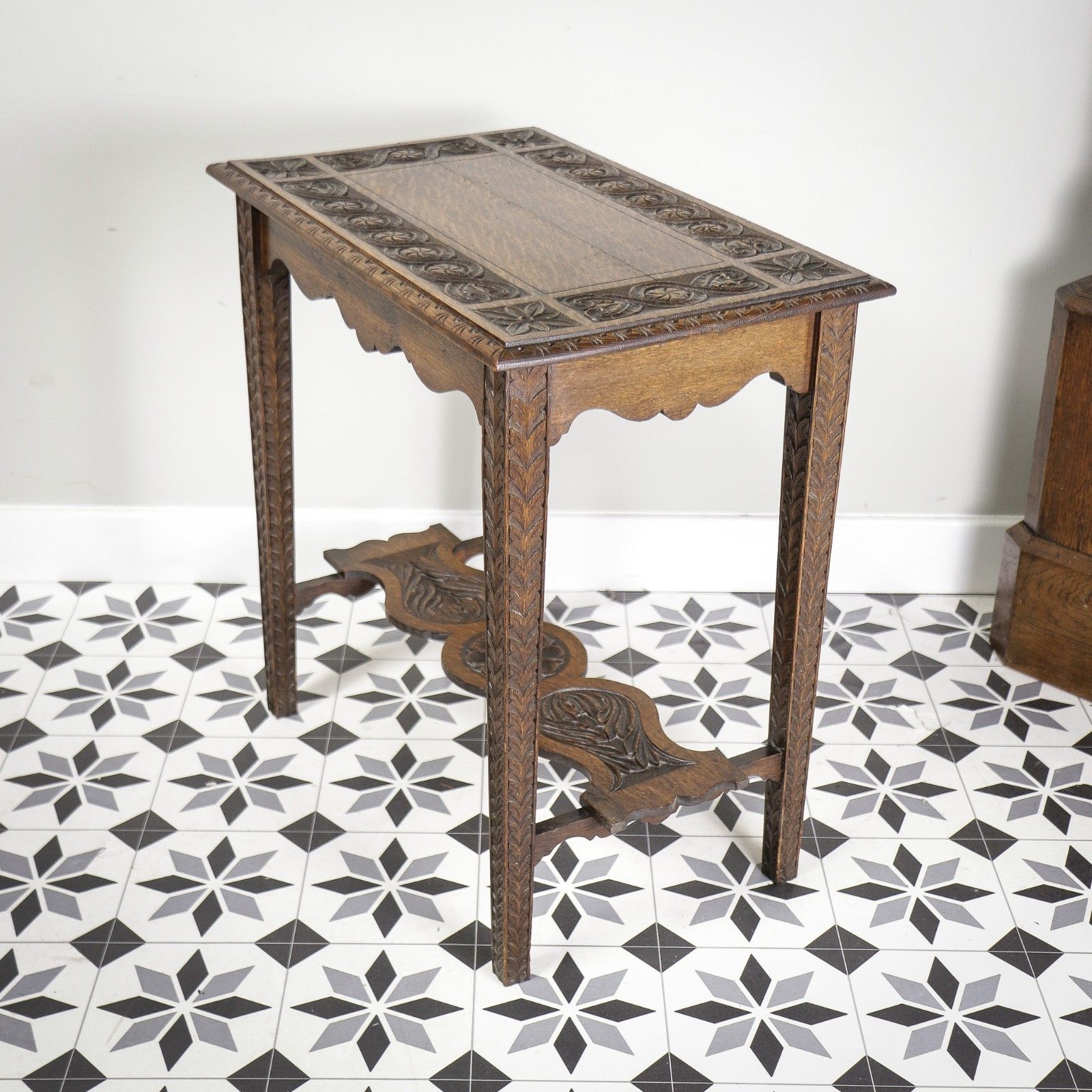 Oak Side Table Or Hall Table Heavily Carved Top, Legs And Stretcher Victorian photo furniture