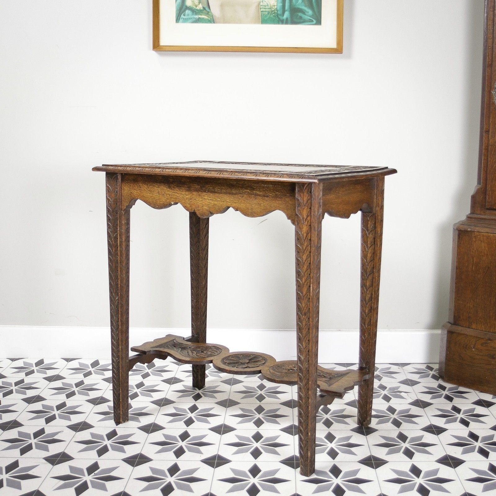 Oak Side Table Or Hall Table Heavily Carved Top, Legs And Stretcher Victorian photo for sale