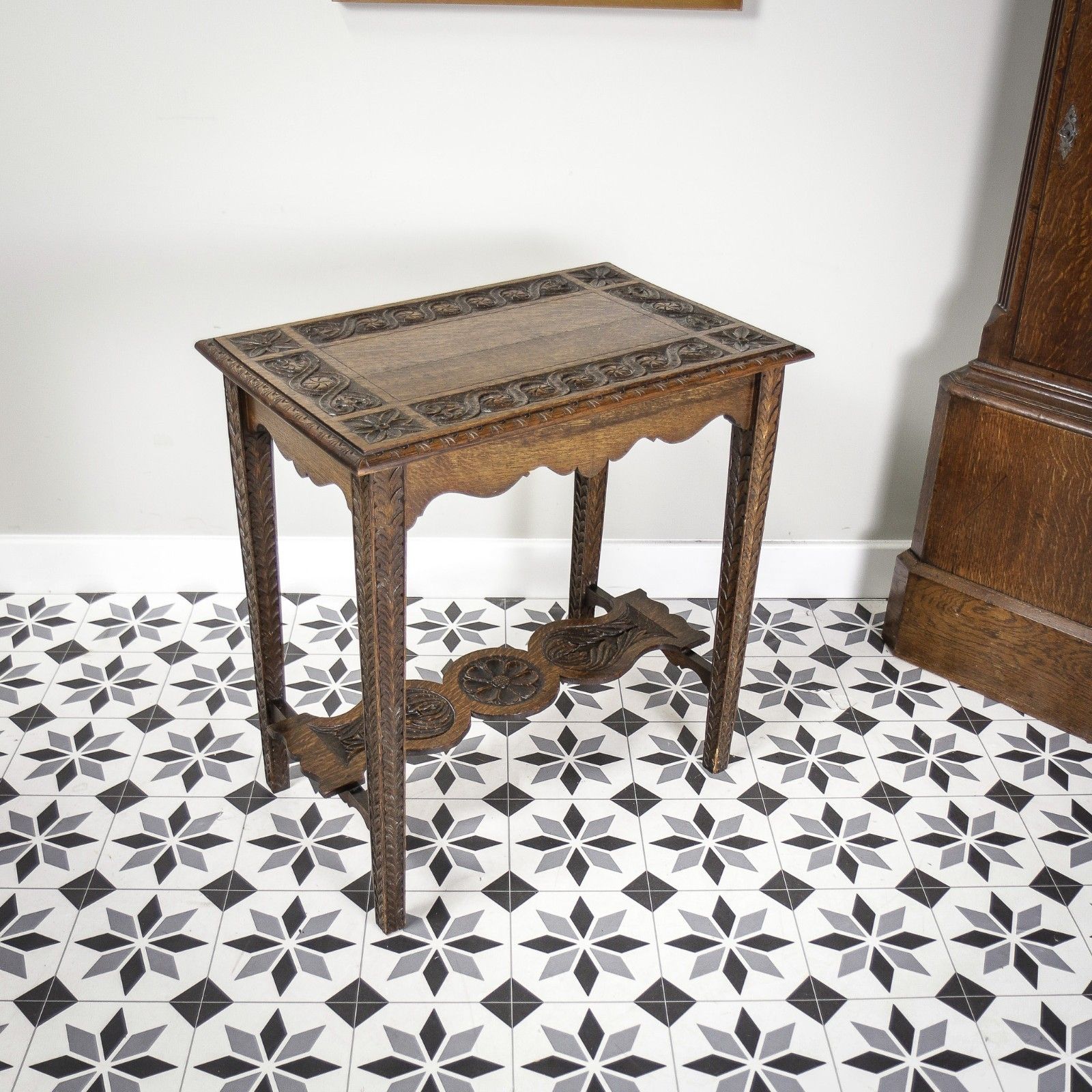 Oak Side Table Or Hall Table Heavily Carved Top, Legs And Stretcher Victorian photo vintage