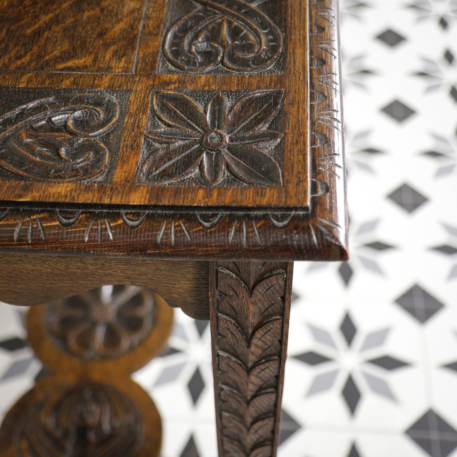 photo for sale Oak Side Table Or Hall Table Heavily Carved Top, Legs And Stretcher Victorian