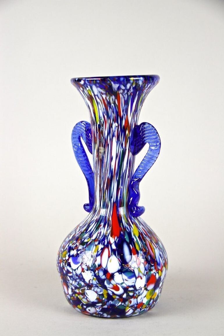 Blue Mid Century Murano Glass Vase By Fratelli Toso, Multicolored, It Ca. 1950 photo vinterior