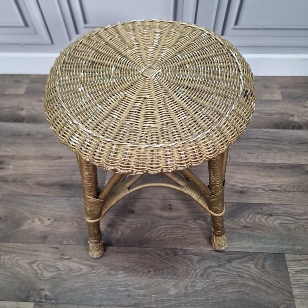 Retro Vintage Round Table Cane Small Gold Stool Wicker Weaved Dressing Seat photo Furniture