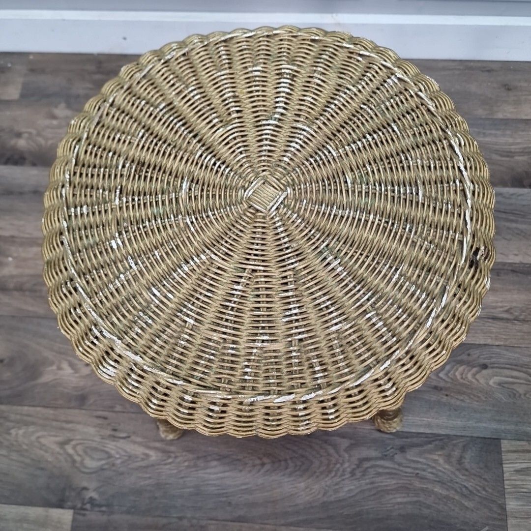 Retro Vintage Round Table Cane Small Gold Stool Wicker Weaved Dressing Seat photo 60.0