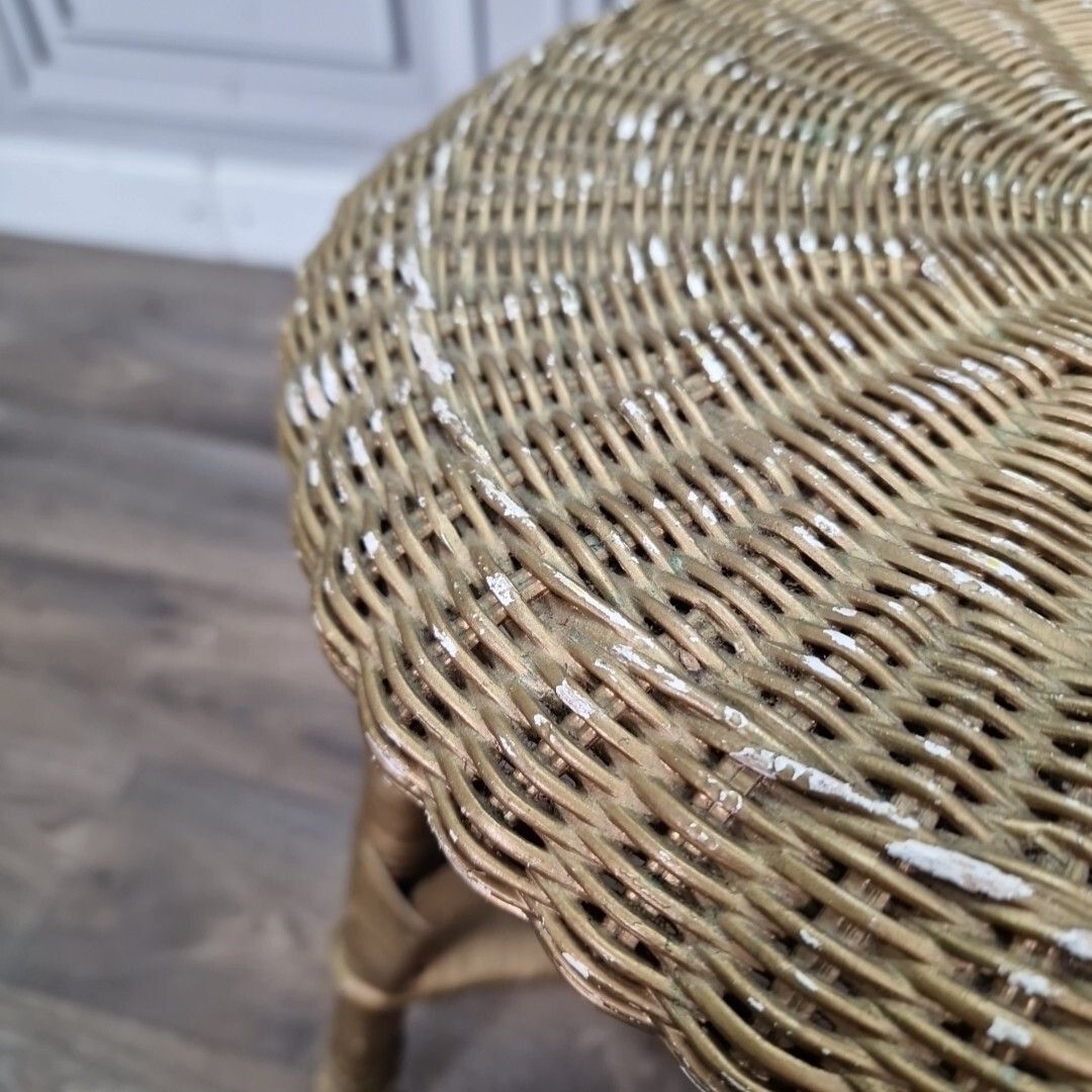 Retro Vintage Round Table Cane Small Gold Stool Wicker Weaved Dressing Seat photo vintage