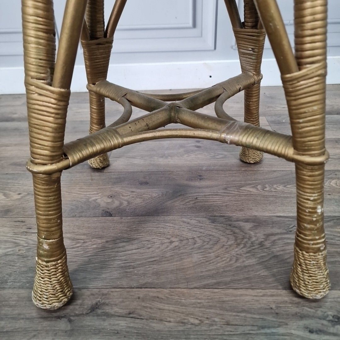 Furniture Retro Vintage Round Table Cane Small Gold Stool Wicker Weaved Dressing Seat photo