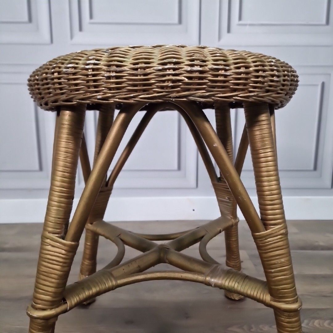 60.0 Retro Vintage Round Table Cane Small Gold Stool Wicker Weaved Dressing Seat photo