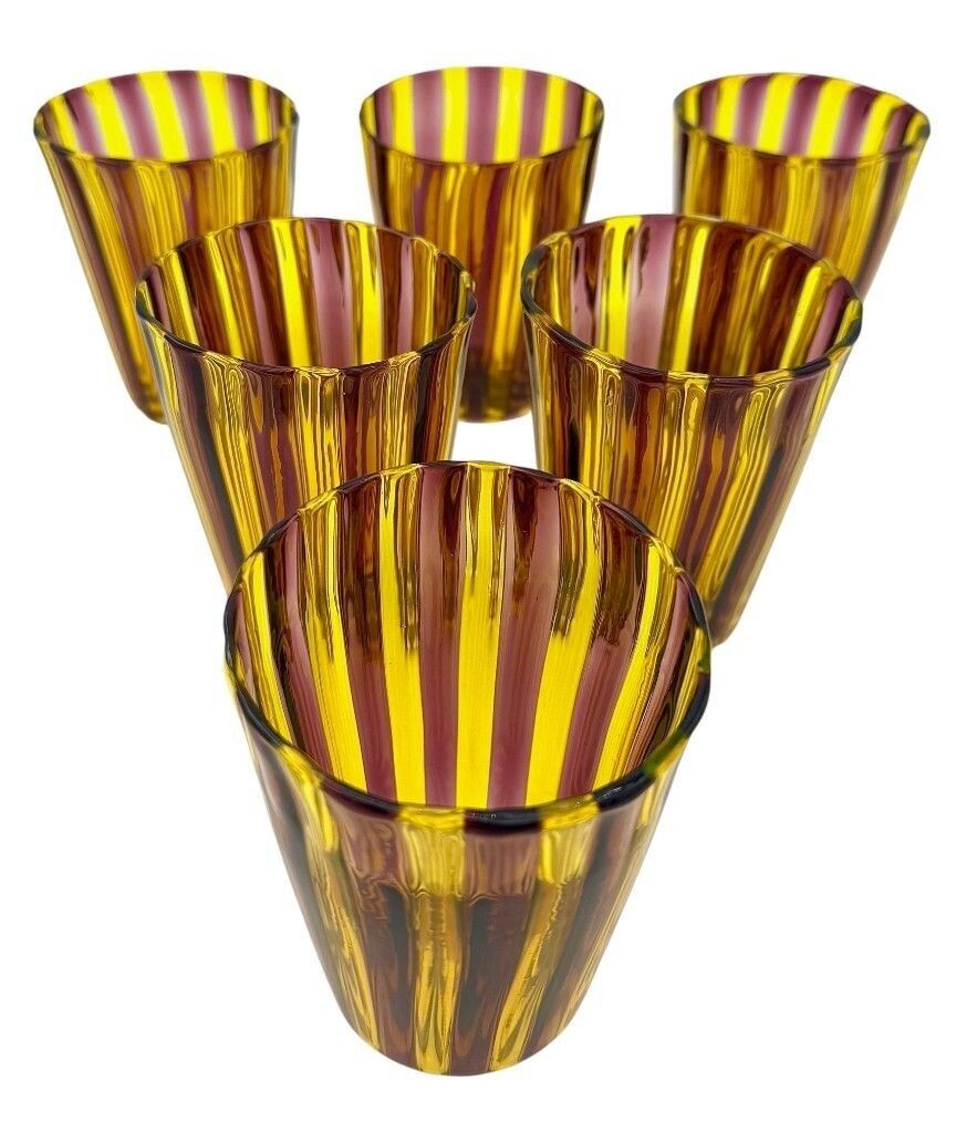 photo for sale A Set Of Six Wonderful Italian Handblown Murano Glass Tumblers With Brown And White Stripes