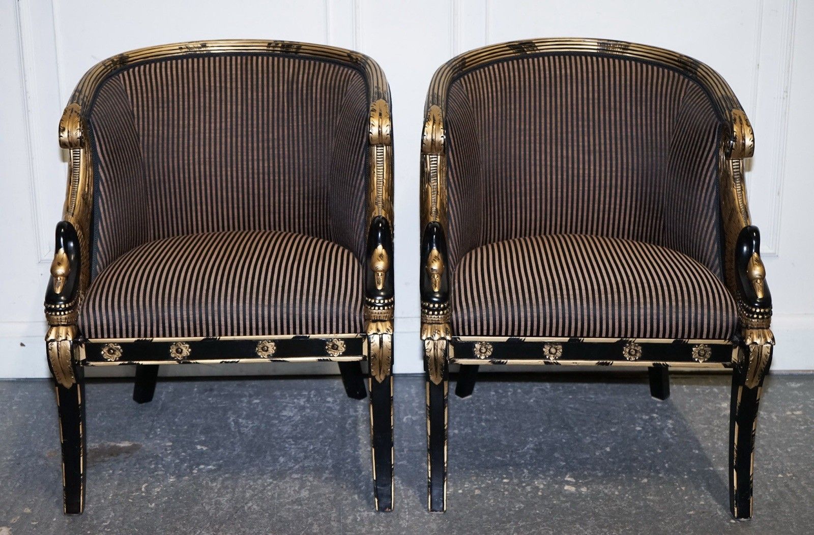 Lovely Pair Of Black Lacquered And Gilt Upholstered Open Armchairs photo furniture