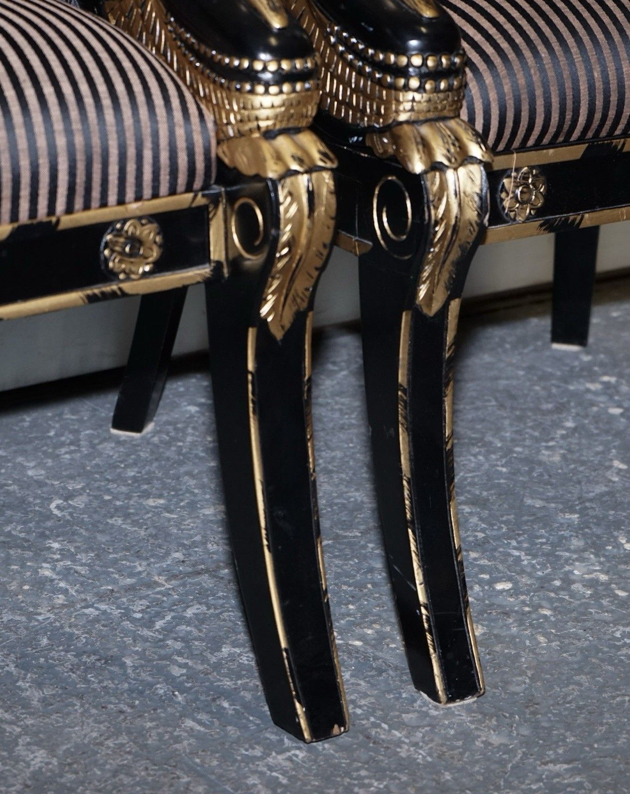 Lovely Pair Of Black Lacquered And Gilt Upholstered Open Armchairs photo vinterior