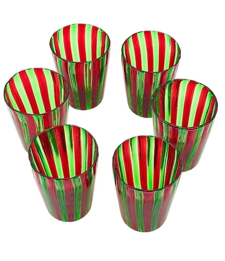 A Set Of Six Wonderful Italian Handblown Murano Glass Tumblers With Green And Red Stripes