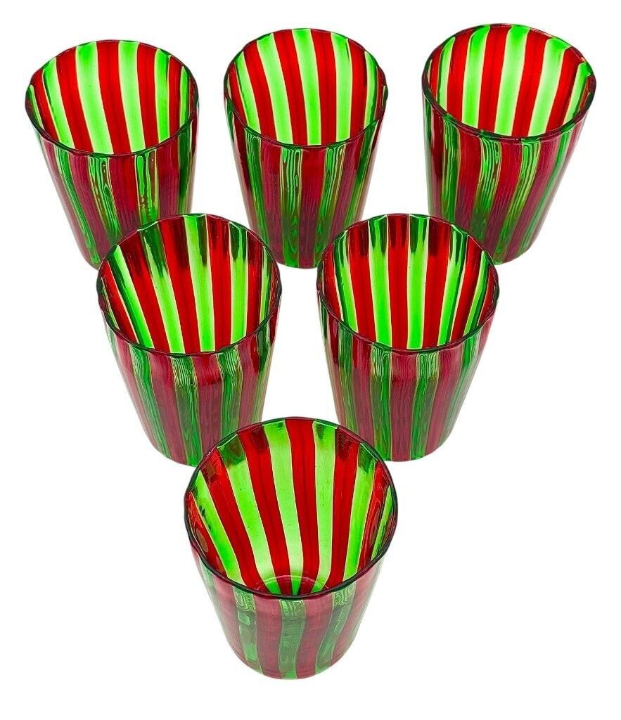 photo furniture A Set Of Six Wonderful Italian Handblown Murano Glass Tumblers With Green And Red Stripes