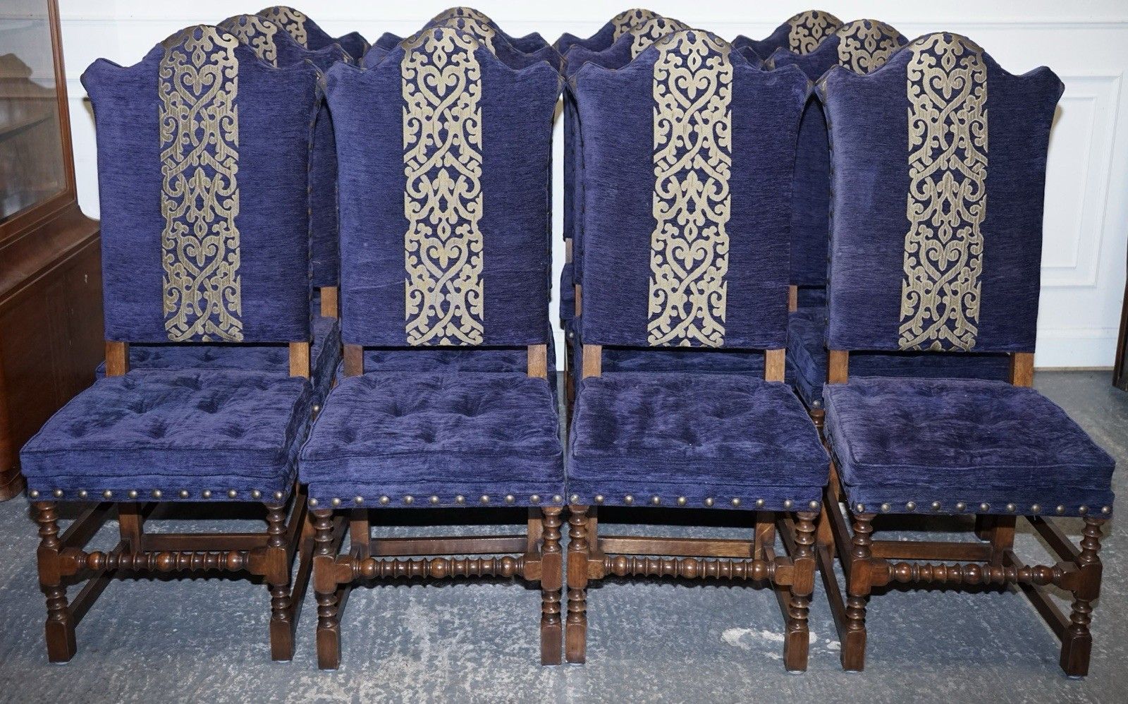 Stunning Set Of Fourteen Oak And Upholstered Dining Chairs photo furniture