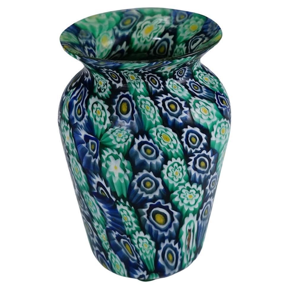 Antique Millefiori Vase Green Blue, Fratelli Toso Murano Ca. 1920s