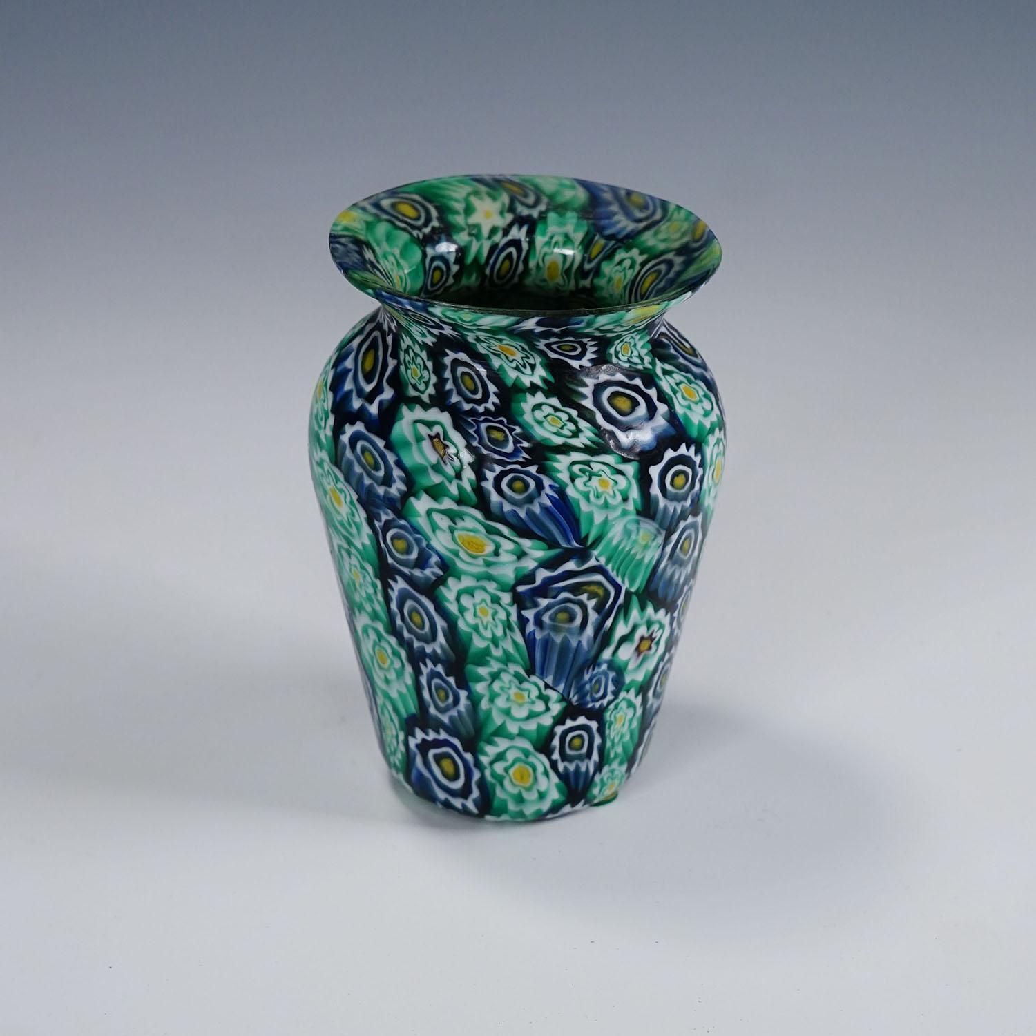 Antique Millefiori Vase Green Blue, Fratelli Toso Murano Ca. 1920s photo for sale