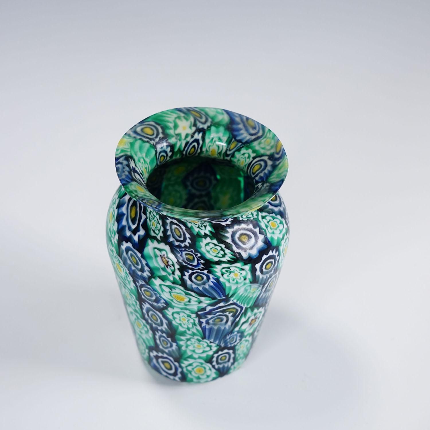 Antique Millefiori Vase Green Blue, Fratelli Toso Murano Ca. 1920s photo 552.0