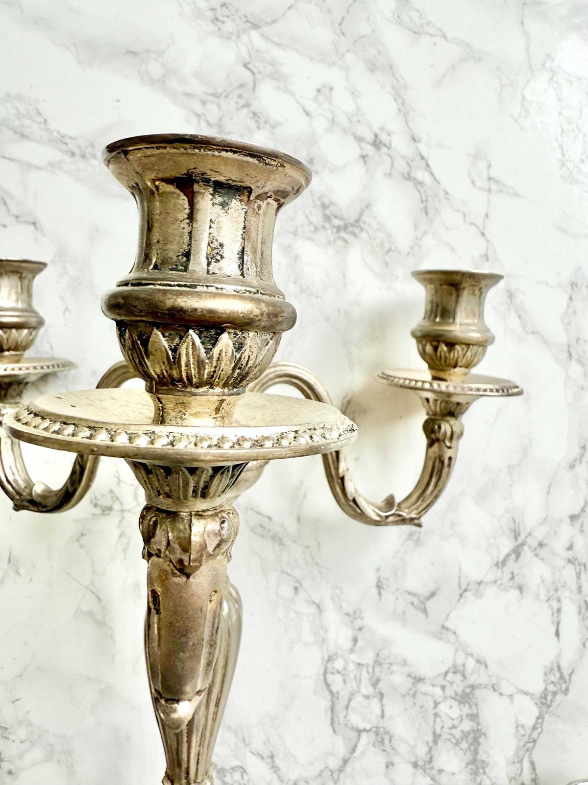 Antique French Very Large Silver Plated Candelabra Pair With 3 Lights 1700 Style, Very Nice Proportions And Fine Decor Table Top photo 500.0