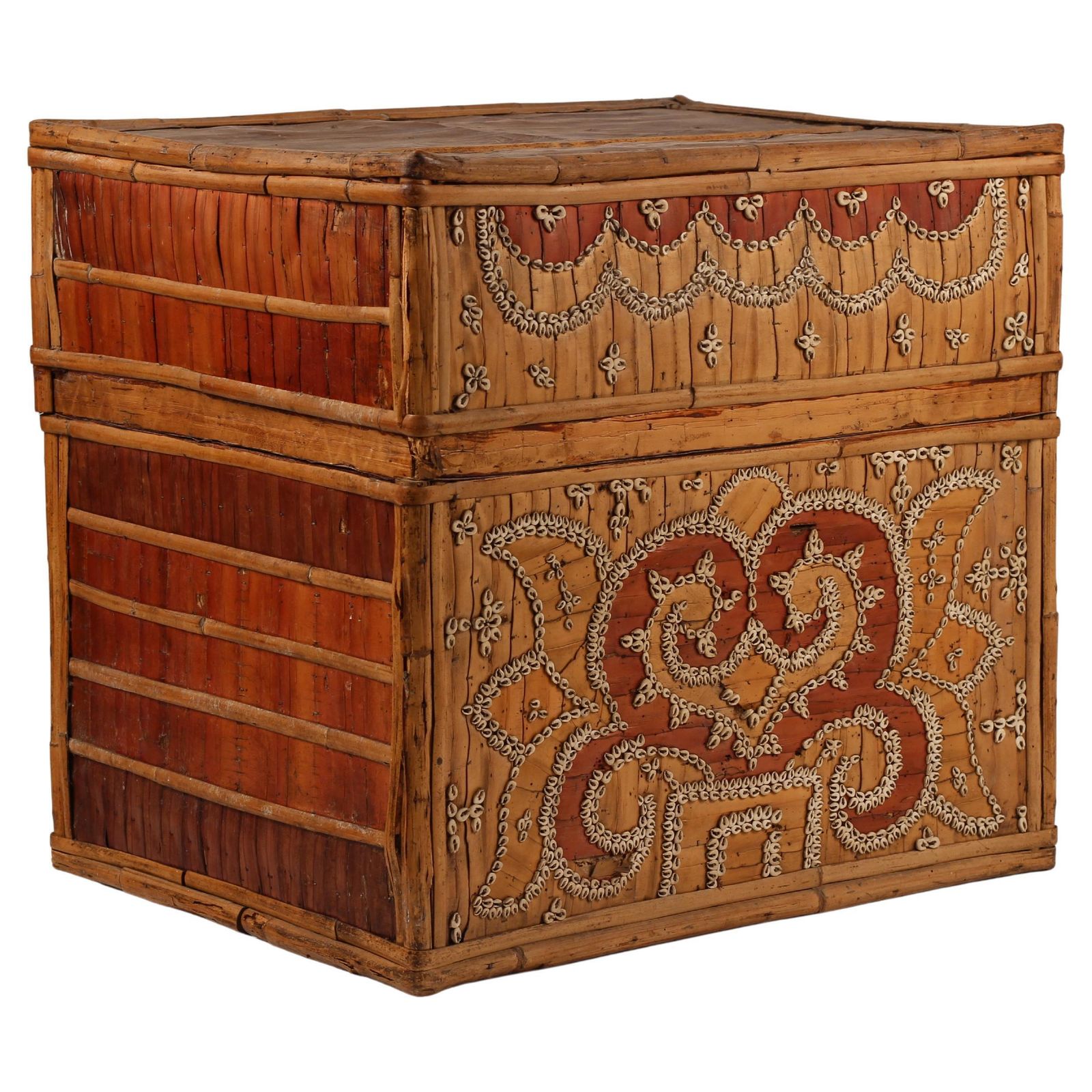 photo furniture Dowry Box, Lombok Indonesia, Cowrie, Painted Palm & Bamboo 1950’s