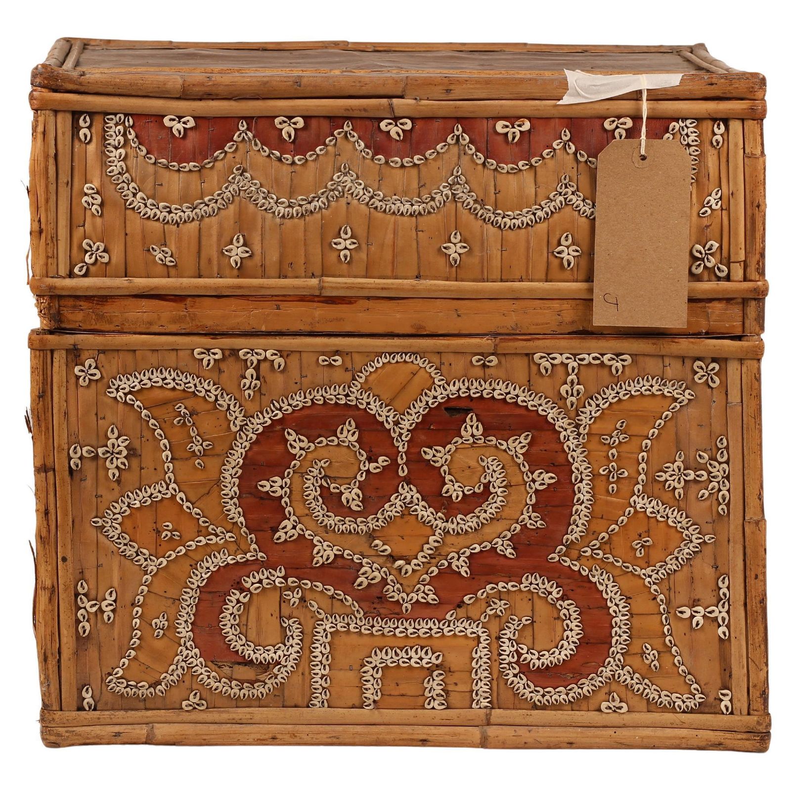 830.0 Dowry Box, Lombok Indonesia, Cowrie, Painted Palm & Bamboo 1950’s photo