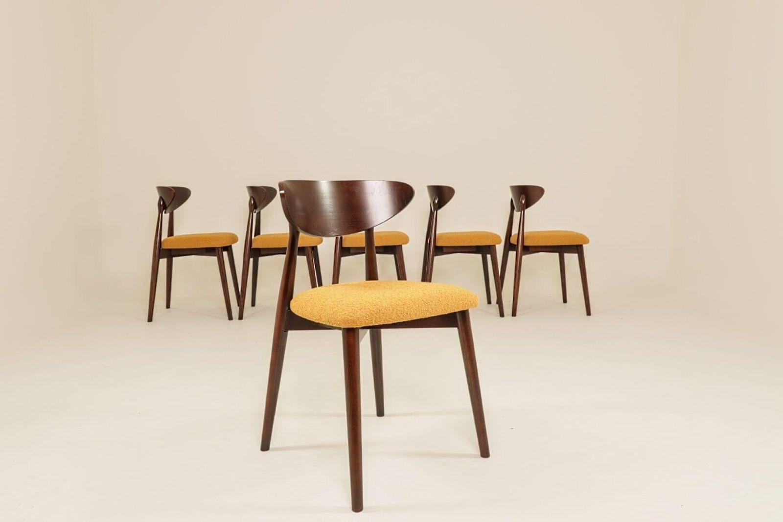 Ocra Dining Chairs Set Of 6, Yellow Bouclè Fabric, Dark Wood photo for sale