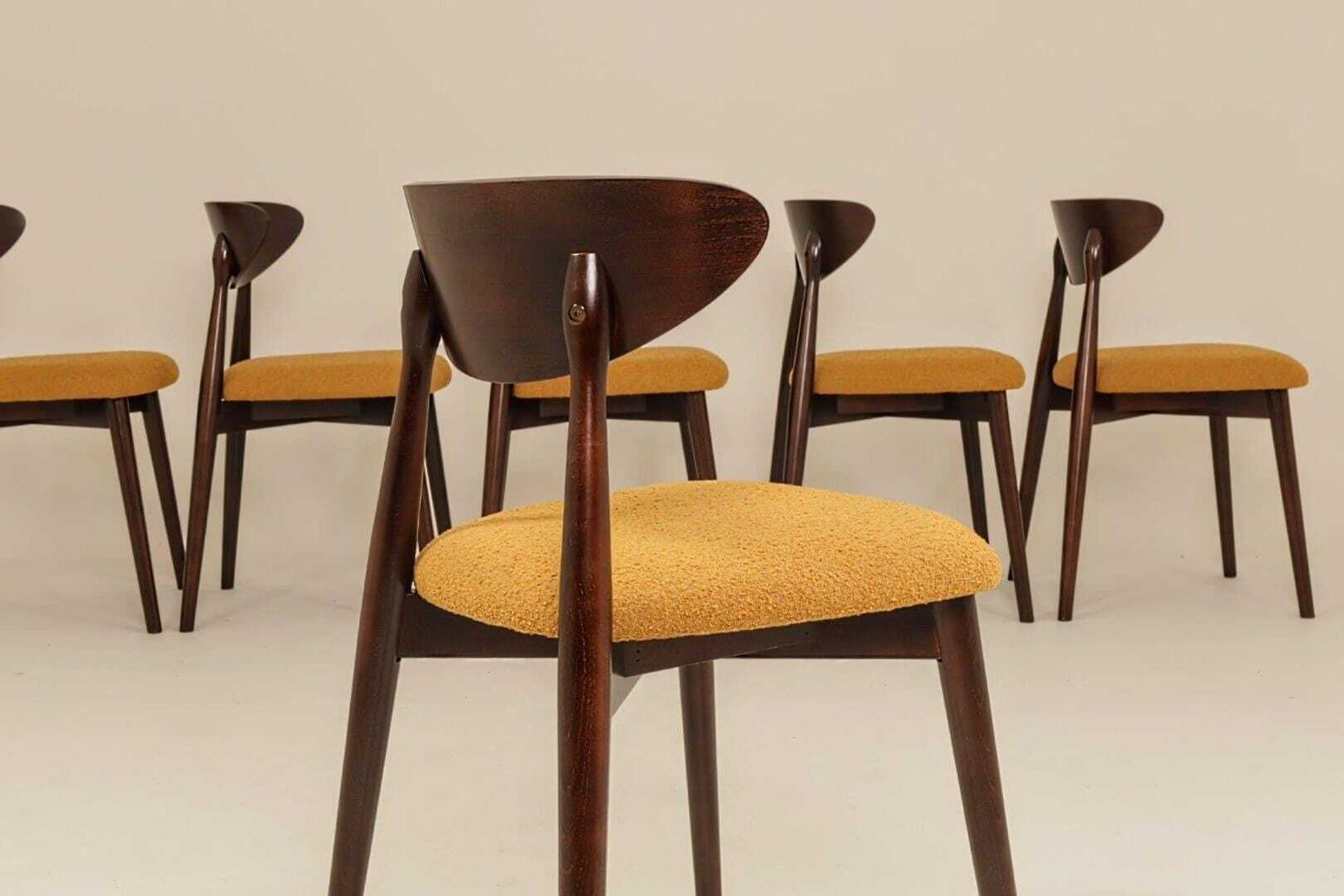 Ocra Dining Chairs Set Of 6, Yellow Bouclè Fabric, Dark Wood photo vinterior