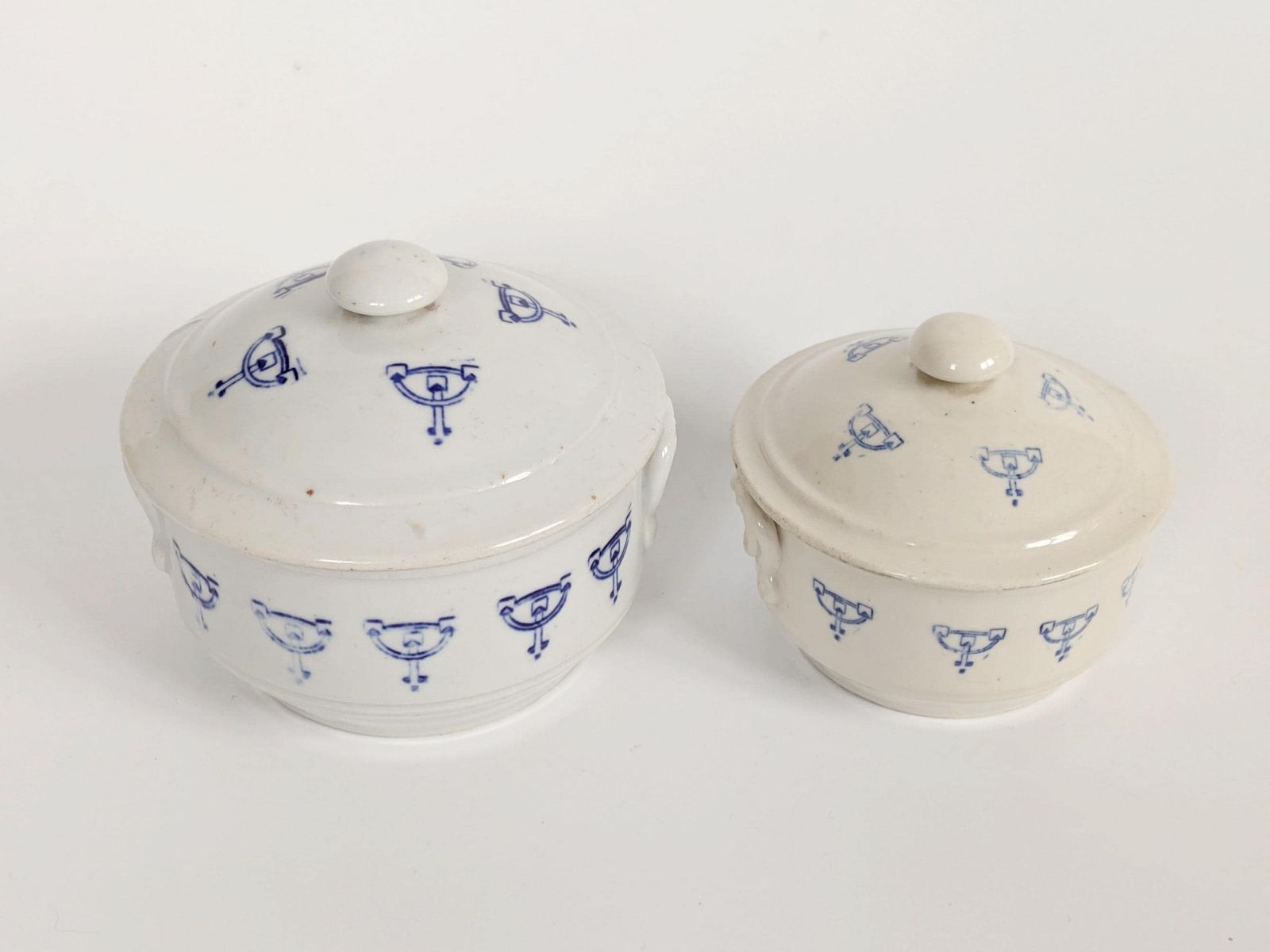 Set Of 2 Antique Art Deco Saint Uze Lidded Ceramic Pots, French Blue photo Home Decor