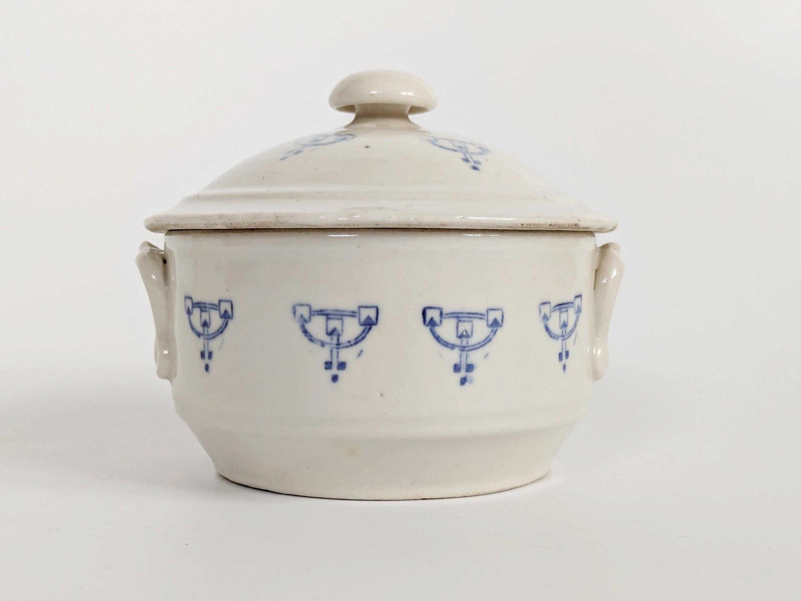 Set Of 2 Antique Art Deco Saint Uze Lidded Ceramic Pots, French Blue photo vinterior
