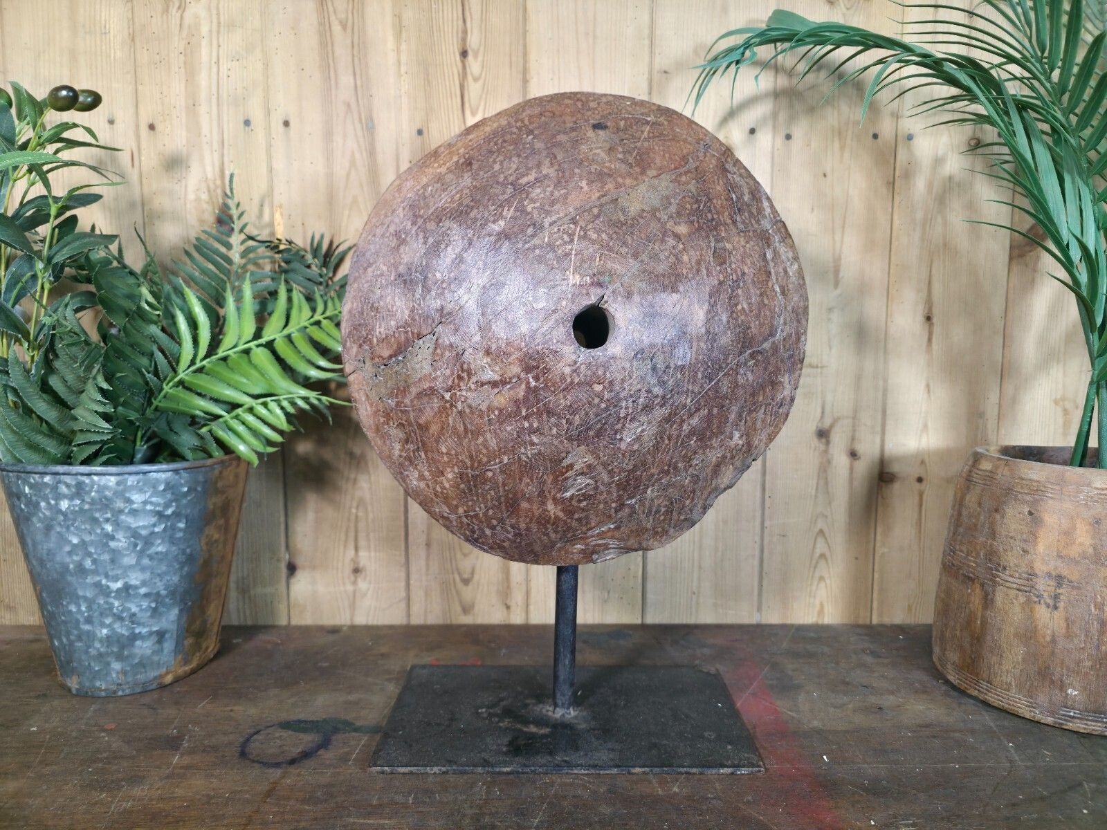 Old Ancient Wabi Sabi Rustic Salvaged Wooden Pulley Cart Wheel Mounted On Stand photo 115.0