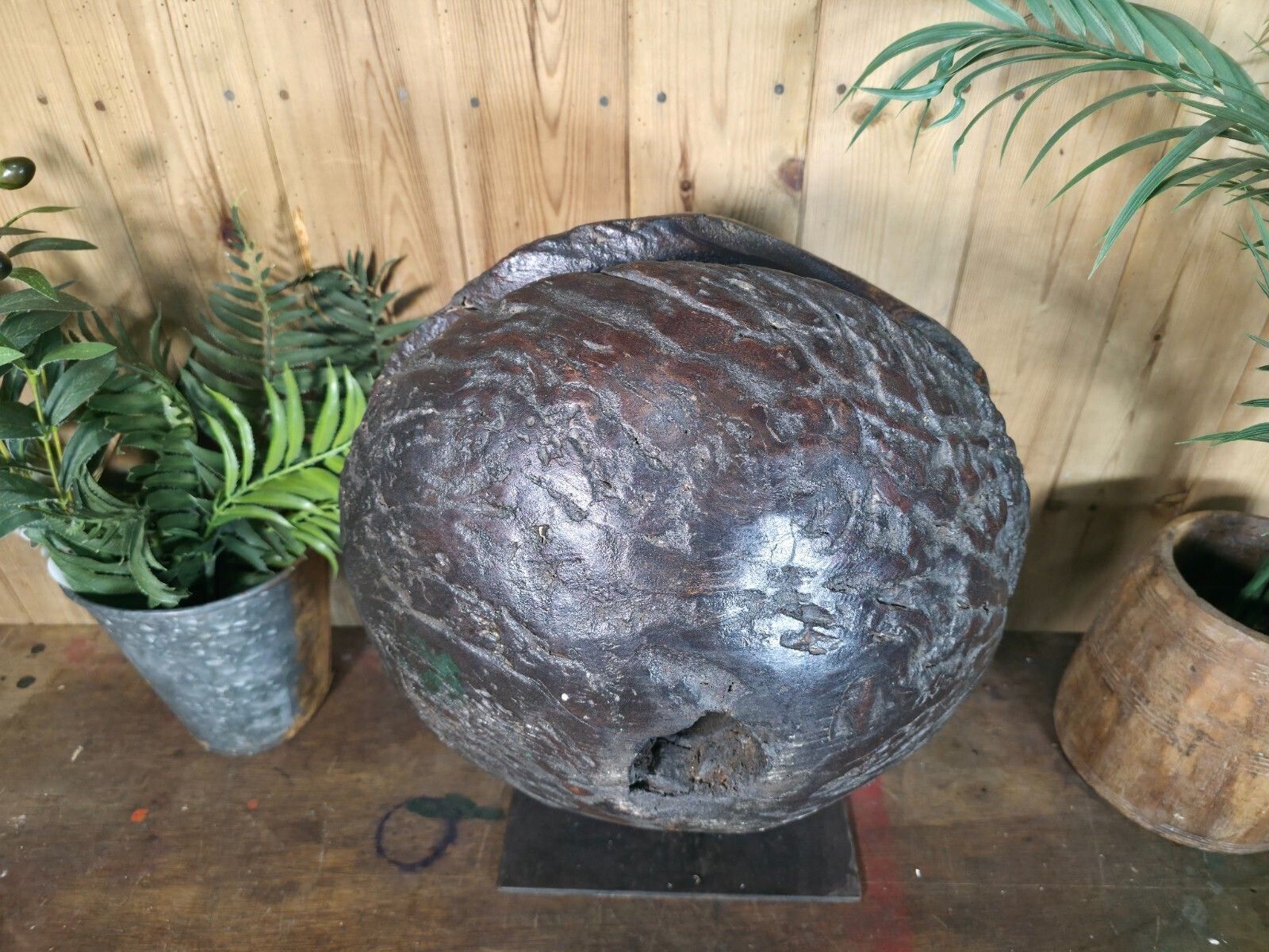 Old Ancient Wabi Sabi Rustic Salvaged Wooden Pulley Cart Wheel Mounted On Stand photo vintage