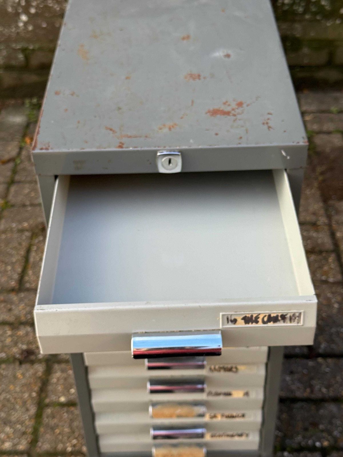 Vintage Industrial Metal Filing Cabinet, C. 1960s–1970s, Vintage Office Furniture, Retro Storage Solutions photo vinterior