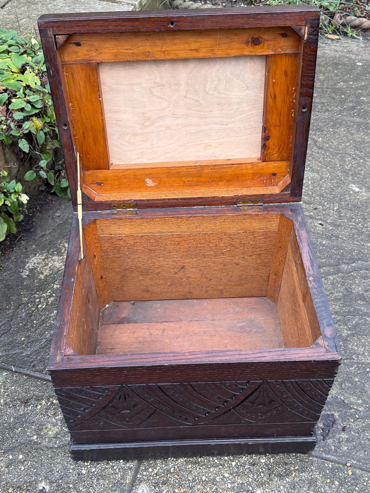 Antique Carved Oak Storage Ottoman Stool, Wooden Storage Box, With Upholstered Lid, Arts & Crafts Era photo for sale