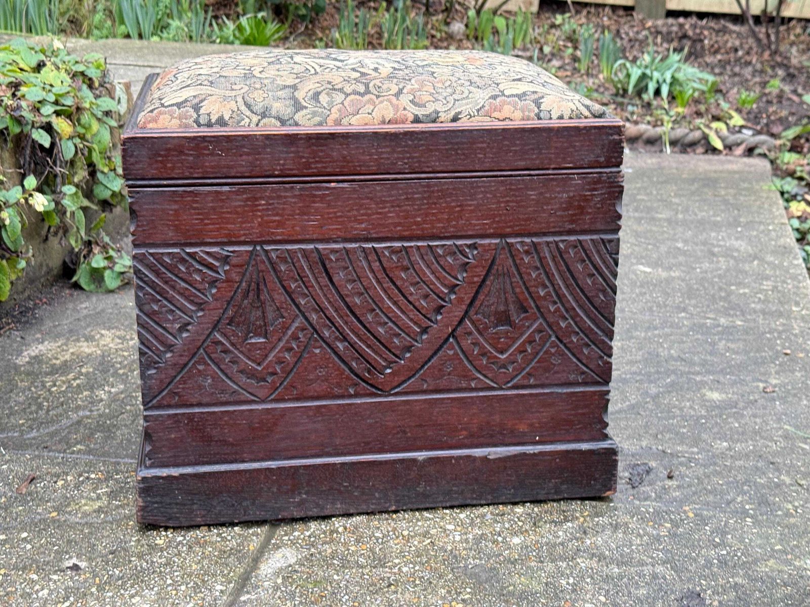 Antique Carved Oak Storage Ottoman Stool, Wooden Storage Box, With Upholstered Lid, Arts & Crafts Era photo 265.0