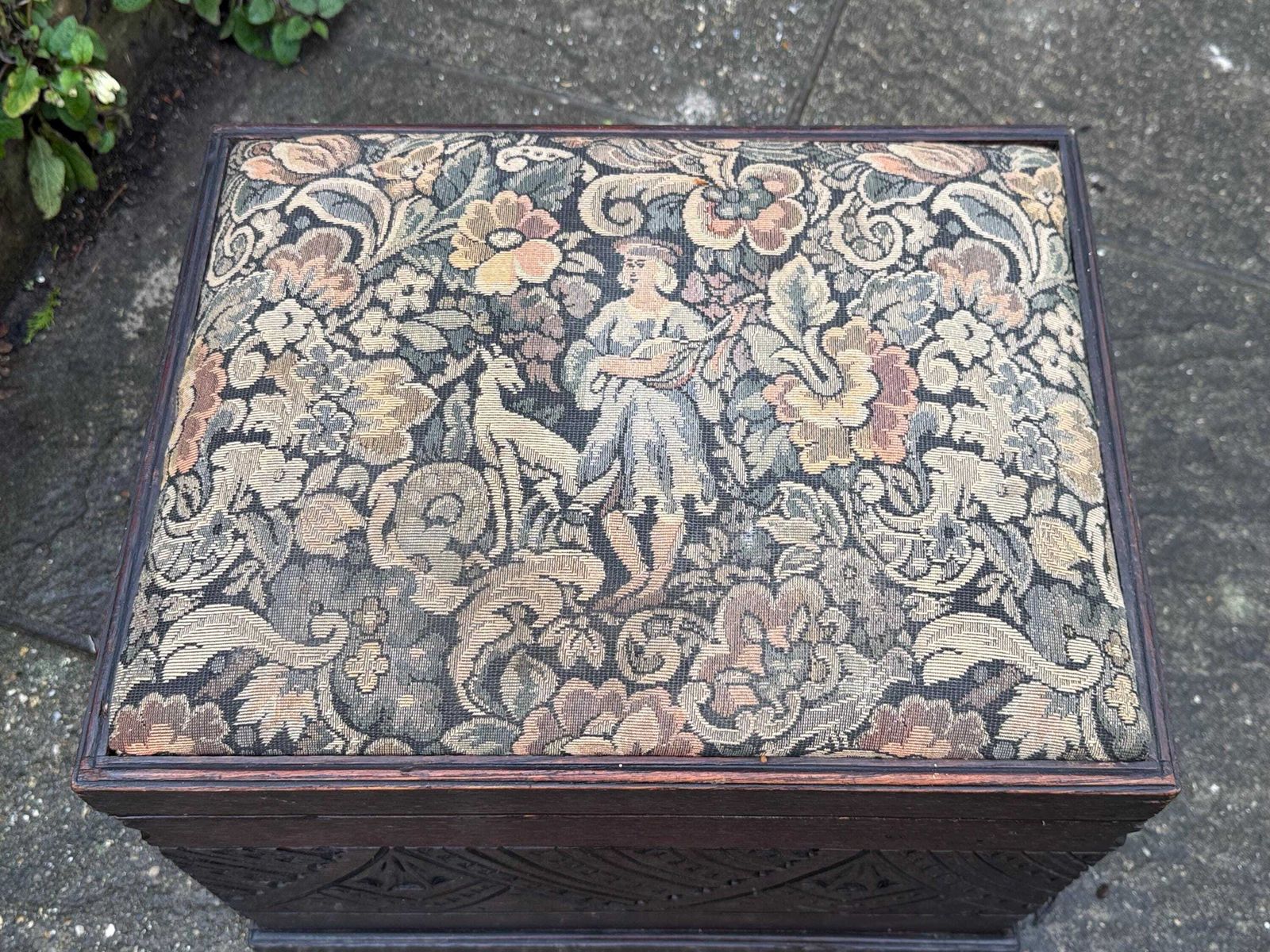Antique Carved Oak Storage Ottoman Stool, Wooden Storage Box, With Upholstered Lid, Arts & Crafts Era photo vinterior