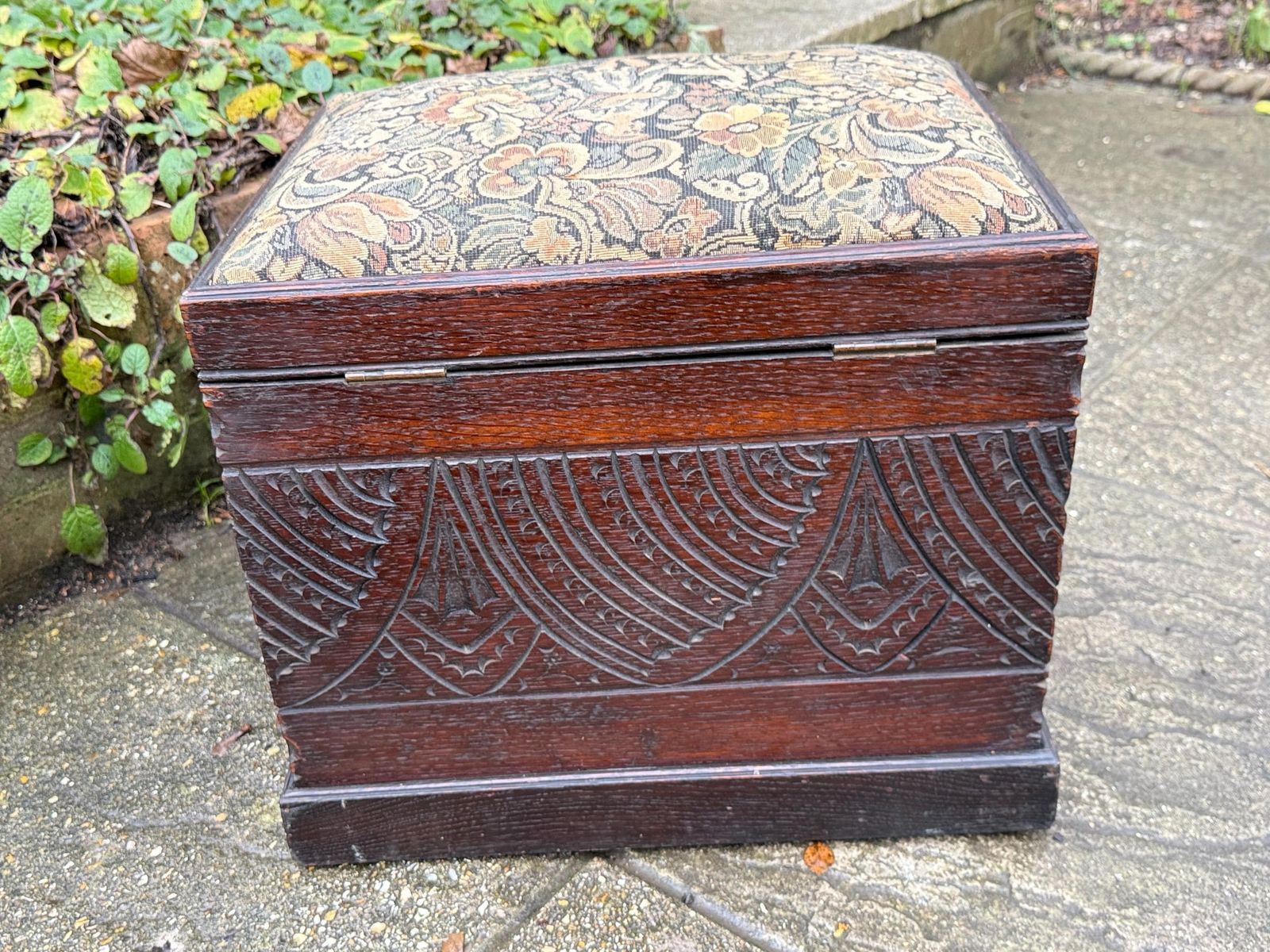 photo buy Antique Carved Oak Storage Ottoman Stool, Wooden Storage Box, With Upholstered Lid, Arts & Crafts Era