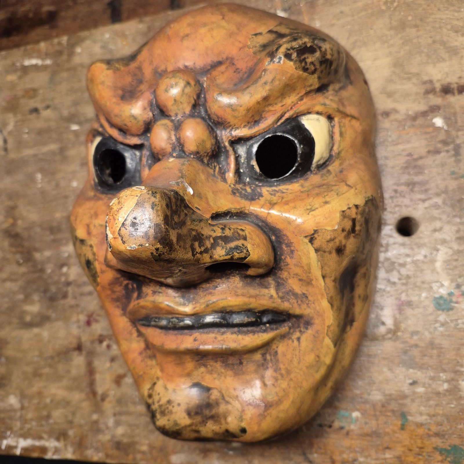 Horror Theatre Mask   Japanese Folk Art Wood Carved Display photo for sale