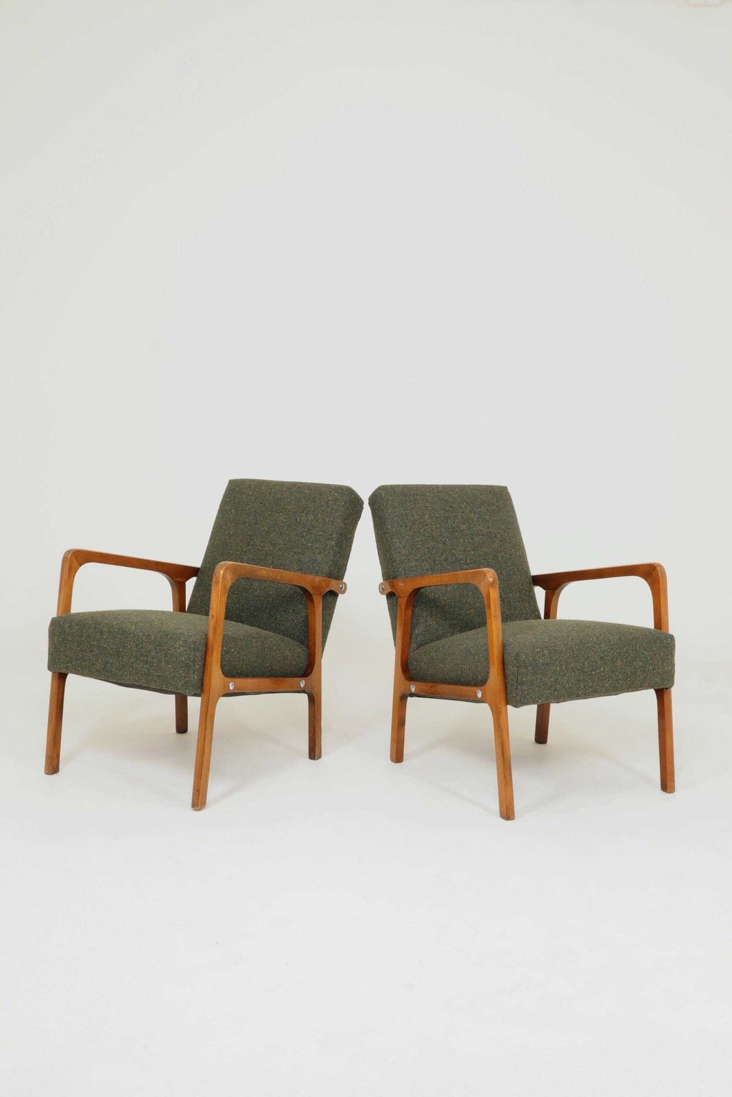 Vintage Pair Armchair Avocado Green Tweed Upholstery, 1960, Poland photo for sale