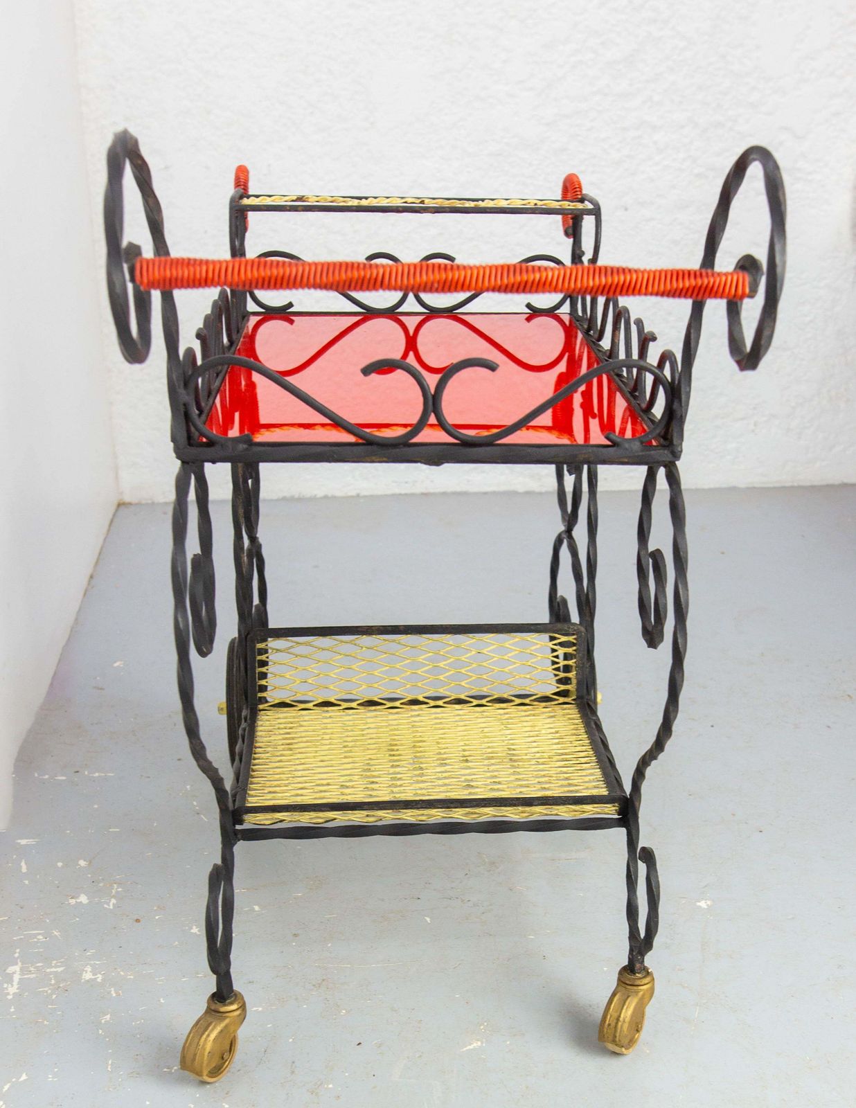Mid Century Black Metal & Plexiglass Red & Yellow Trolley Bar Cart, Circa 1950 photo Furniture