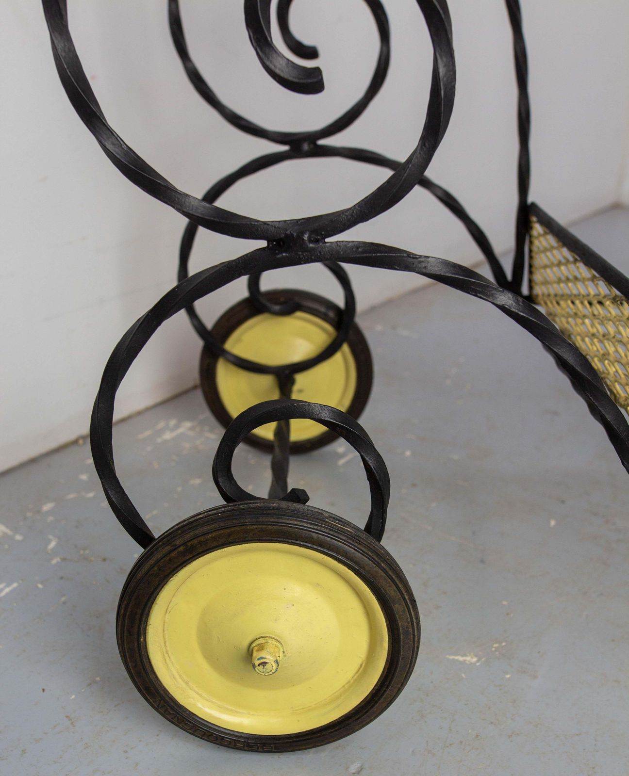 842.0 Mid Century Black Metal & Plexiglass Red & Yellow Trolley Bar Cart, Circa 1950 photo