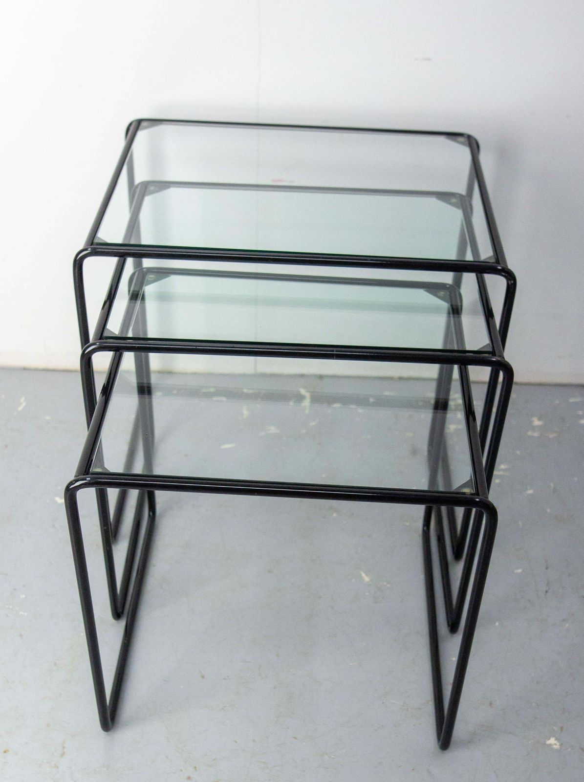 Set Of Three Nesting Tables French Bauhaus Style Metal And Glass Circa 1970 photo furniture