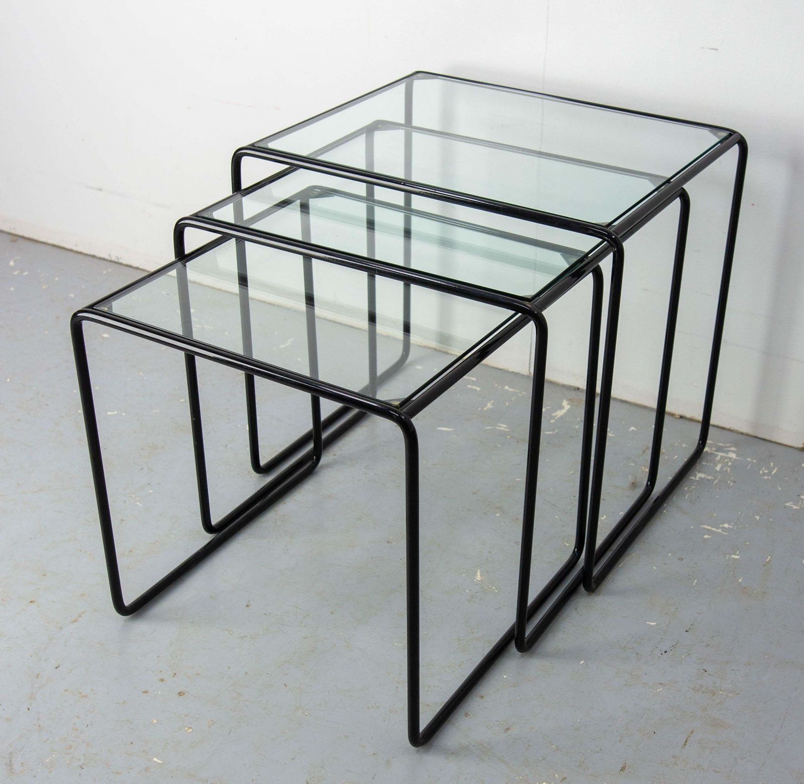 Set Of Three Nesting Tables French Bauhaus Style Metal And Glass Circa 1970 photo for sale