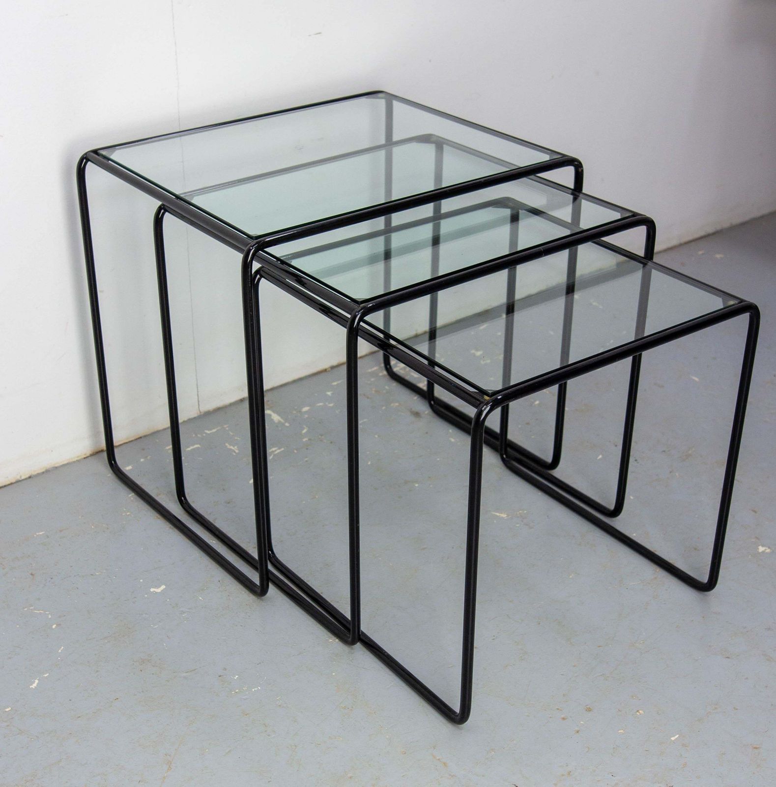 Set Of Three Nesting Tables French Bauhaus Style Metal And Glass Circa 1970 photo Furniture