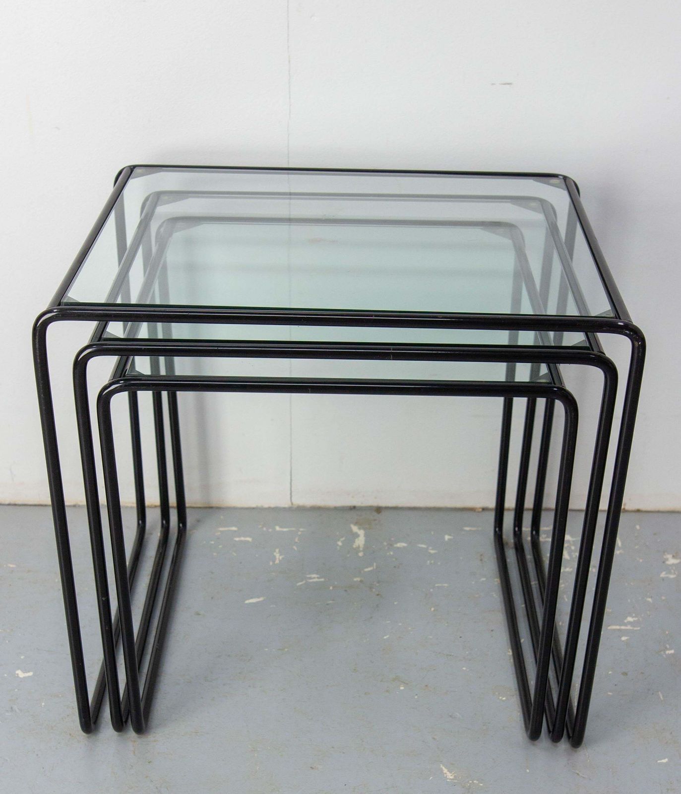 Set Of Three Nesting Tables French Bauhaus Style Metal And Glass Circa 1970 photo buy