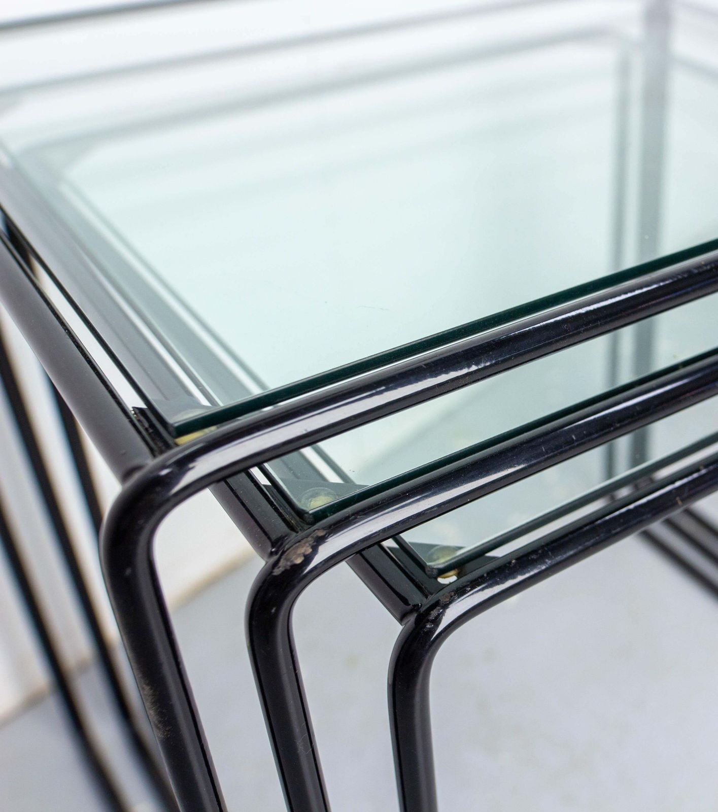 photo furniture Set Of Three Nesting Tables French Bauhaus Style Metal And Glass Circa 1970
